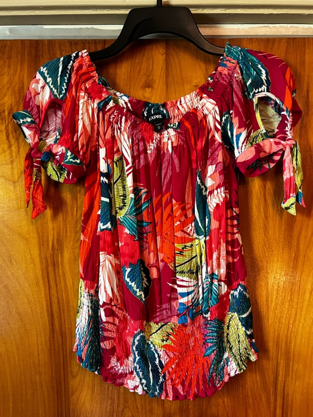 Express Red Tropical Off-Shoulder Tie-Sleeve Blouse